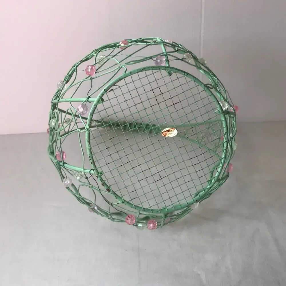 Green Multicolor Spring Decorative Vintage 90’s Metal Wire Basket with Handle
